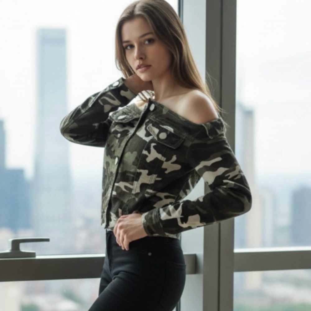 American Bazi Camo Off-Shoulder Jean Jacket - Green, White, Black